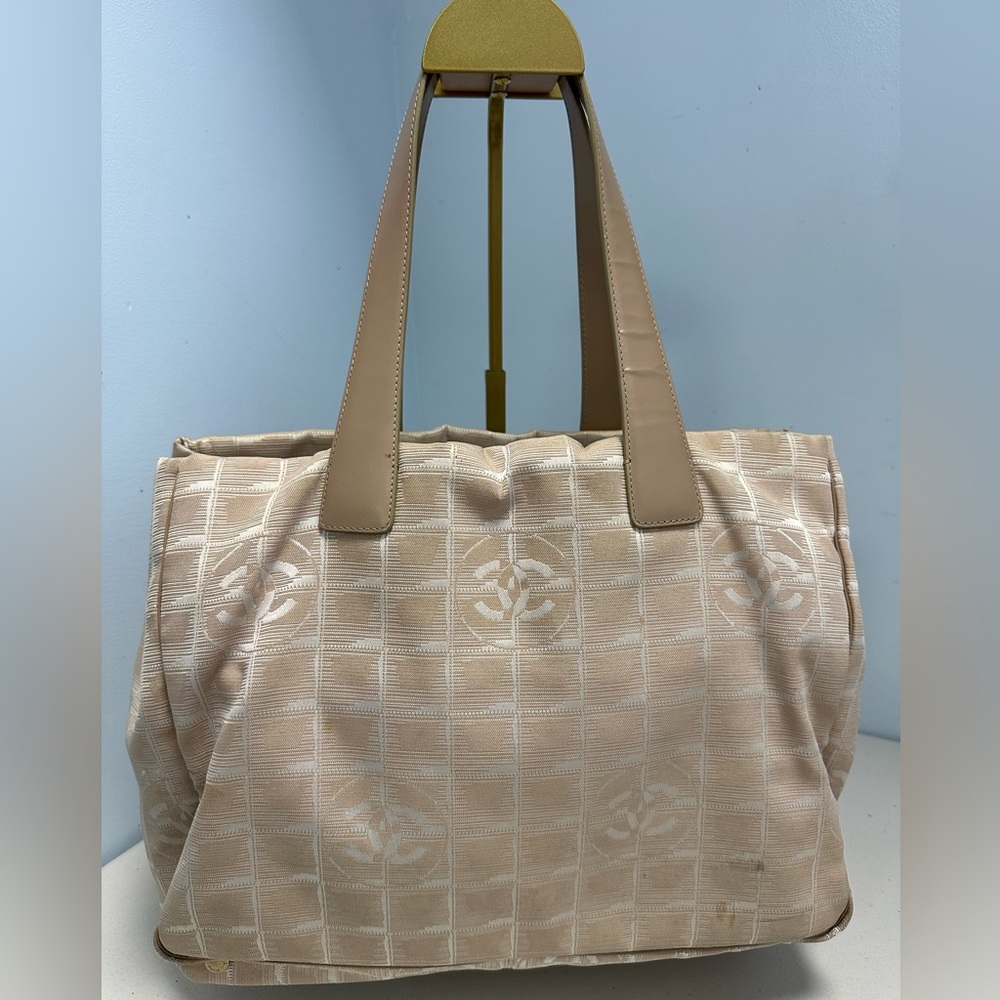 Authentic Chanel Travel Line Beige CC Nylon Leather Tote Bag - Picture 4 of 16
